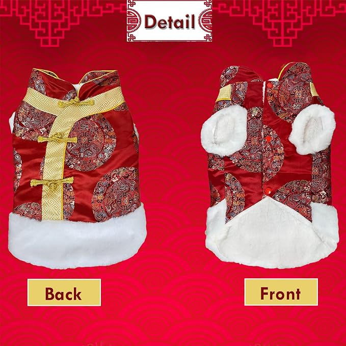 BAMY New Year Small Dog Coat Warm Cat Costume Winter Pet Clothes Vest of The Tang Dynasty Christmas Hoodie for Boy Puppy Kitten Teddy Bichon (M (Chest Circumference 18.1in))