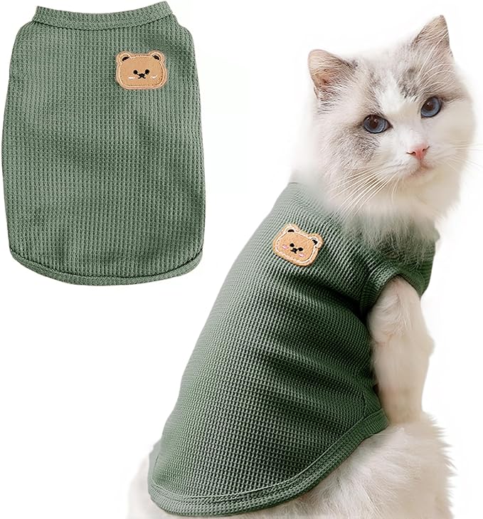 Waffle Knit Cat & Dog T Shirt for Small Dogs, Stretchable Puppy Shirt for Sphynx Cats & Small Breeds, Pet Clothes | Breathable Summer/Winter Apparel for Newborn(Green Small)