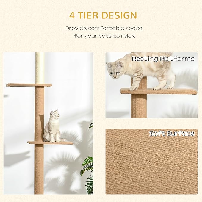 PawHut Floor-to-Ceiling Cat Tree Cat Climbing Tower with Sisal-Covered Scratching Posts Natural Cat Tree Activity Center for Kittens Cat Tower Furniture, Light Brown