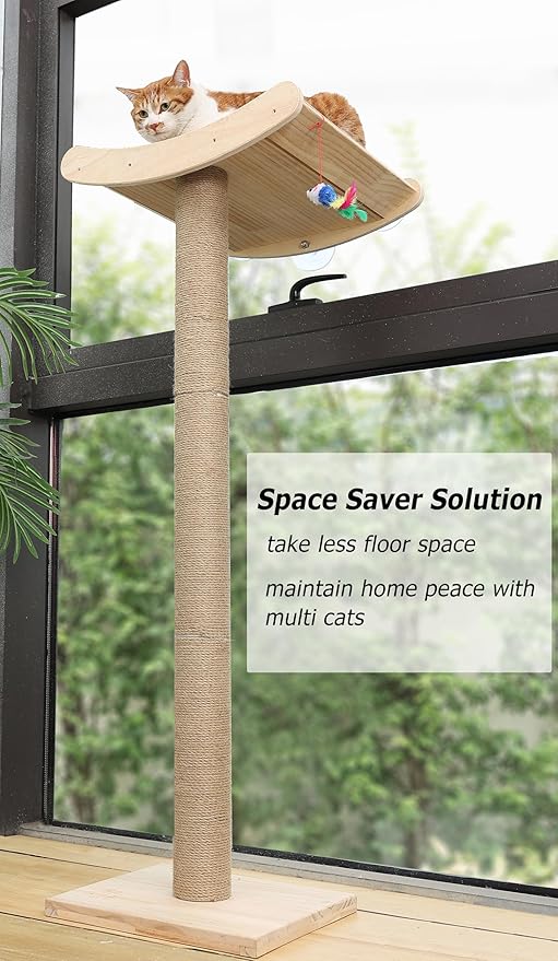 Window Cat Perch with Scratching Posts, 46" Wood Tree Bed for Maine Coon Big Cats Perching and Lounging, Mounted with 3 Strong Suction Cups (Wood Platform)