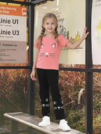 4-8T Toddler Girl Clothes Cat face print Short Sleeve Top+Pants Outfits Girl Spring and summer 2-Piece Set