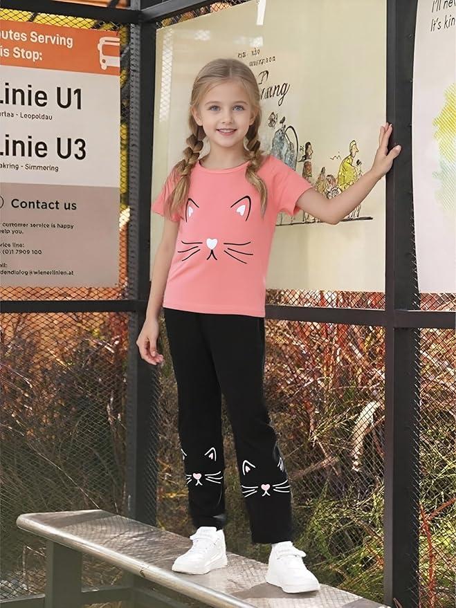 4-8T Toddler Girl Clothes Cat face print Short Sleeve Top+Pants Outfits Girl Spring and summer 2-Piece Set