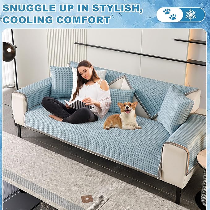 OTOB Cooling Dog Couch Cover Ice Silk Fiber, Washable & Non Slip Sofa Slipcovers Pet Mat, Soft Dog Bed Couch Cover Cooling Mat, Durable Pet Friendly Furniture Protector Covers(Blue, 43"*82")