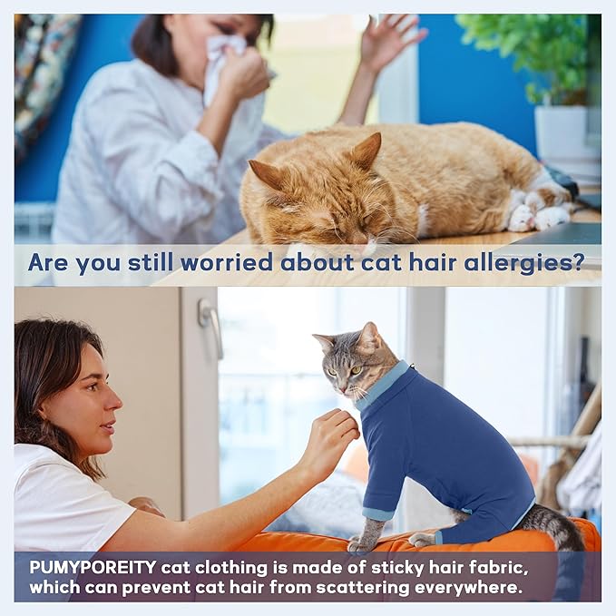 PUMYPOREITY Cat Hair Sticky Shirt – Breathable & Lightweight, Reduces Shedding Fur Pajamas, Prevents Licking Wounds After Surgery, Blue, M