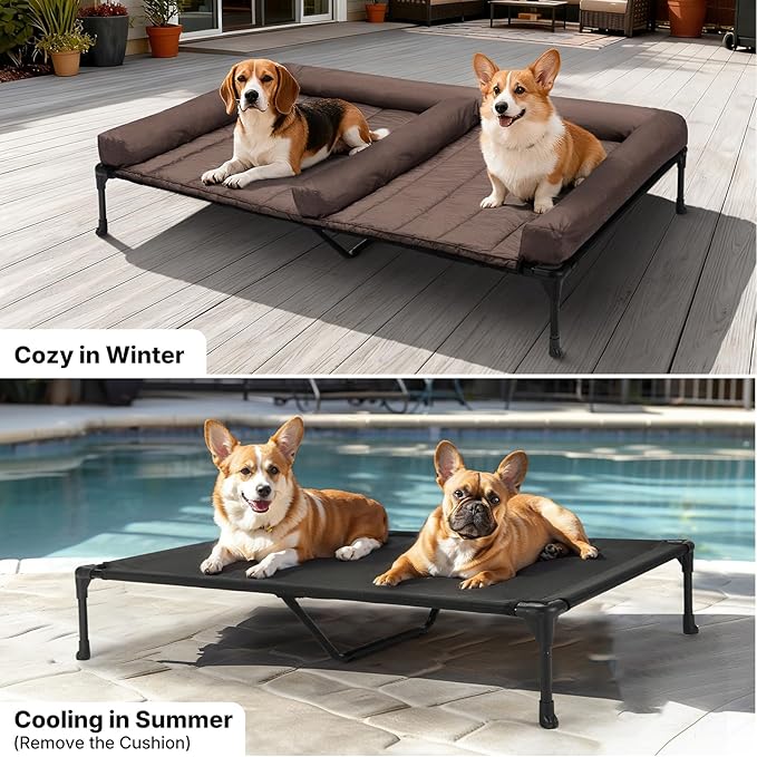 Veehoo Cooling Raised Dog Beds + Waterproof Double Dog Bed Cushion for Two Medium Dogs, Elevated Pet Cot with Removable Bolster Mat, Breathable Mesh, No-Slip Feet, Pets Couch Bed, 49x 33inches, Brown