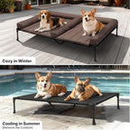 Veehoo Cooling Raised Dog Beds + Waterproof Double Dog Bed Cushion for Two Medium Dogs, Elevated Pet Cot with Removable Bolster Mat, Breathable Mesh, No-Slip Feet, Pets Couch Bed, 49x 33inches, Brown