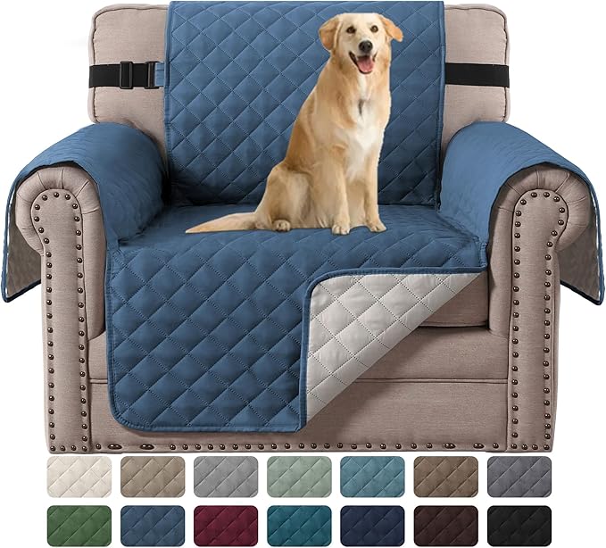 H.VERSAILTEX Water Resistant Chair Cover Reversible Chair Cover Protector for Dogs Washable Chair Slipcover with Non Slip Elastic Strap Living Room Furniture Cover(Armchair, Dark Blue/Beige)