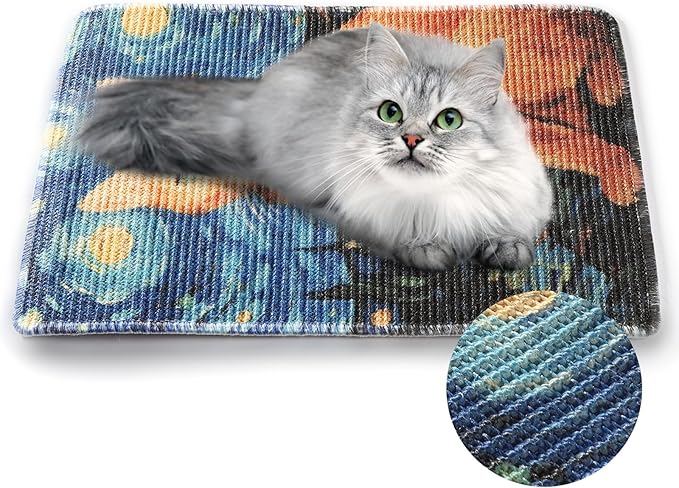 3-in-1 Sisal Cat Scratch Mat 23.6x15.7'' Floor & Wall Cat Scratcher Pad, Protects Carpet Couch & Furniture with Sticker Tape, Anti-Slip, Durable for Indoor Outdoor Cats (Ginger Cat Under The Stars)