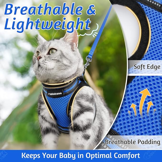 rabbitgoo Cat Harness and Leash Set for Walking Escape Proof, Adjustable Soft Kittens Vest with Reflective Strip for Cats, Comfortable Outdoor Vest, Blue, M