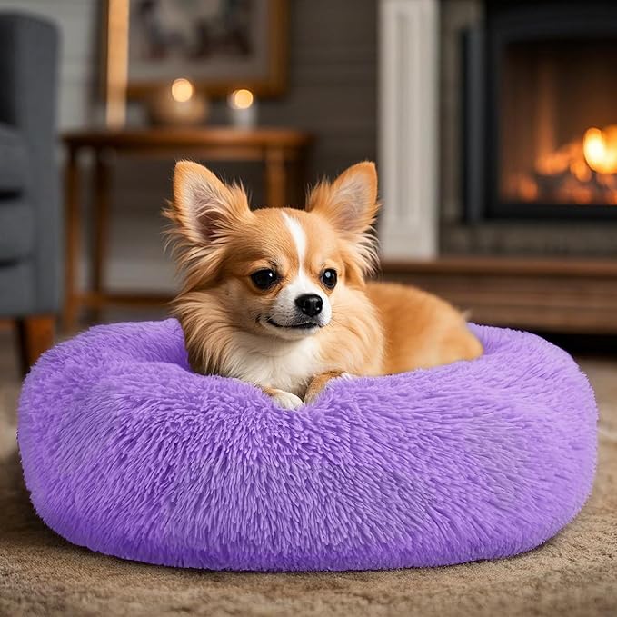Hoewina Dog & Cat Bed, 20in Cat Beds for Indoor Cats, Calming Donut Bed for Puppy and Kitten, Washable Round Fluffy Pet Bed for Small Medium Dogs and Cats (Purple)