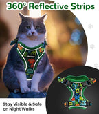 Halypet Cat Harness and Leash Set for Walking, Escape Proof Adjustable Vest Harness with 3-in-1 Integrated Buckles, Easy Control Soft Breathable Mesh with Reflective Strips for Cats, M, Green Monster
