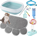 7 Pcs Small Cat Kitten Starter Kit Cat Litter Box with Shovel Paw Litter Mat Double Automatic Kitten Bowls Toy Teaser Stick Collar Essentials Kits for 1-3 Lbs Beginner(Stylish,Fresh Blue)