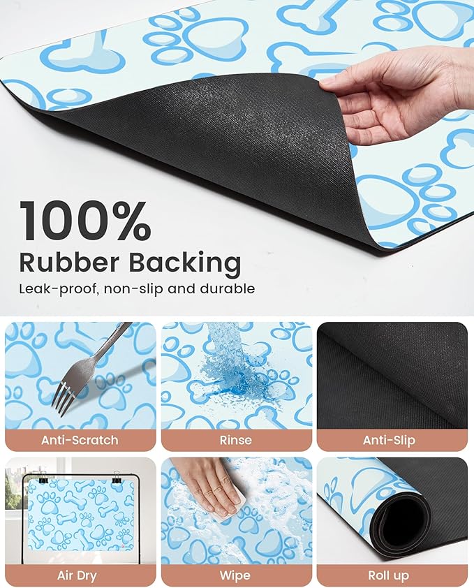 Cat Dog Food Mat, Rapid Water Absorption Dog Mat for Food and Water,100% Waterproof Cat Dog Bowl Mat, 16"x27"-Blue