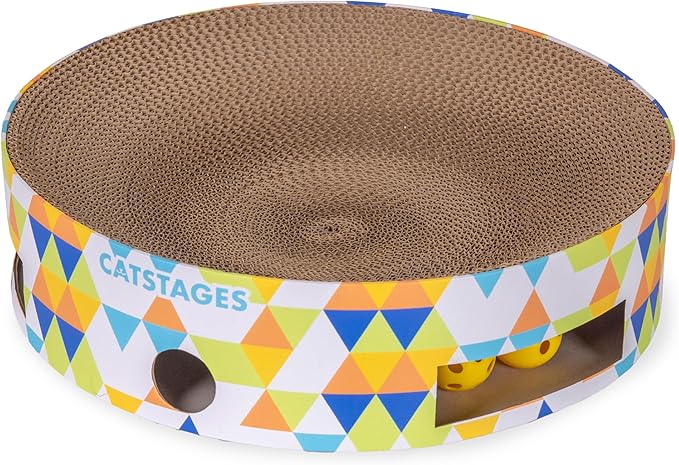 Catstages Bowl Track Scratcher Cat Ball-Track Toy, Corrugated Scratch, and Lounger All-in-One, Two Balls Included for Interactive Play, Multicolored