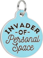 Bad Tags Personalized Dog and Cat ID Tags in 25+ Designs and 2 Sizes - 5 Lines of Custom Engraved Text - Funny Cute Personalized Pet Tags (Invader of Personal Space - Blue, Small (1 inch))
