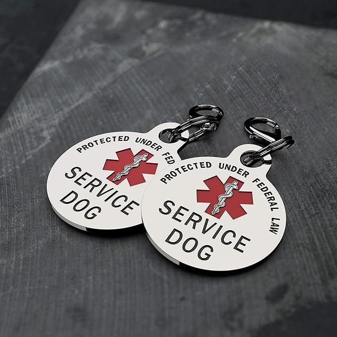 Service Dog TAG Small Breed Premium Double Sided Identification .999 Inch Engraved - Bold Protected Under Federal Law With Medical Alert Symbol - Easily Attach to Collar, Harness and Service Vest