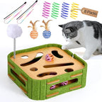 5-in-1 Cat Toys Interactive Wooden Cat Puzzle Toy Intelligence Treat Puzzle Feeder Box Game Enrichment Accessories with Jingle Balls, Wands, and Spiral Springs for Indoor Kitten Adult Cat