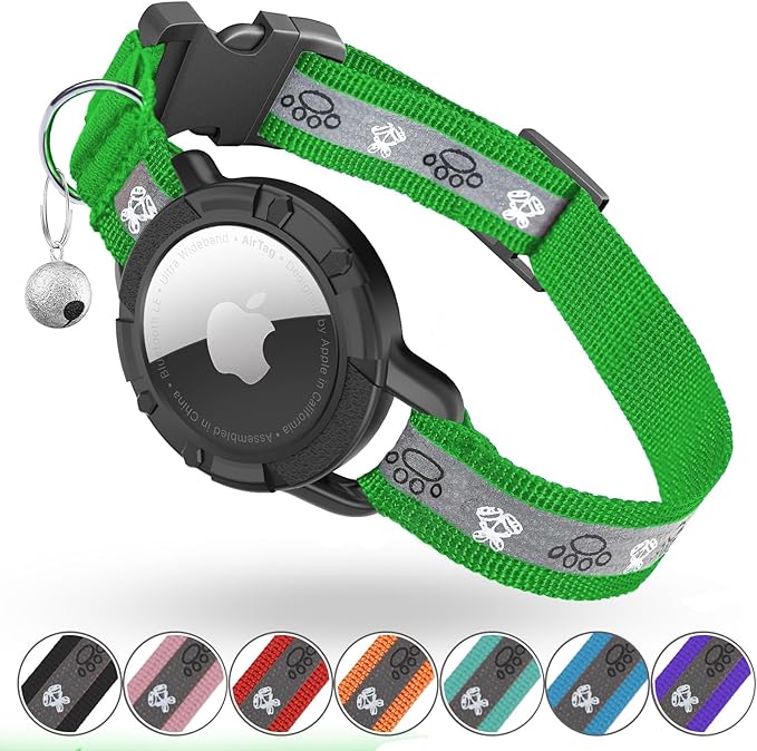 Reflective AirTag Cat Collar, Integrated Cat Tracker Collar with Air Tag Holder and Bell, Safety Elastic Band Cat GPS Collars for Girl Boy Cats, Kittens and Puppies (Emerald,XS)