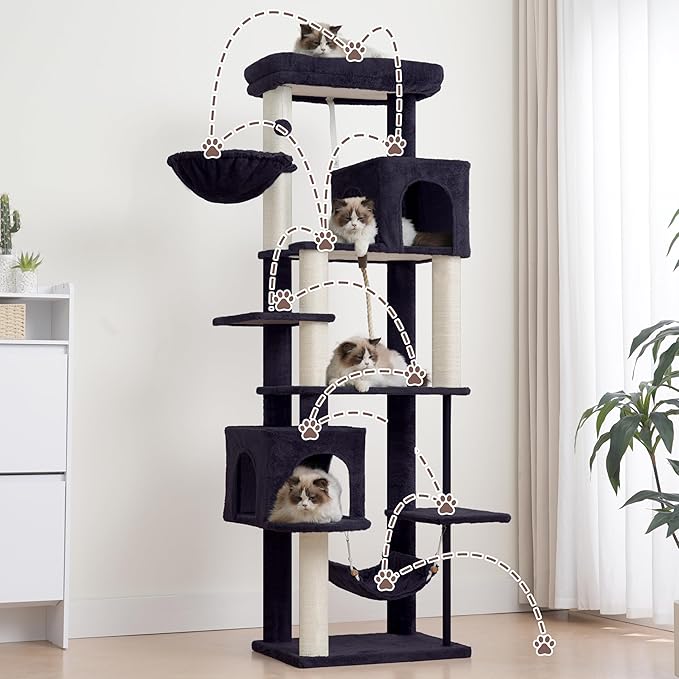 Cat Tree for Indoor Cats Large Adult, 70.5'' Cat Tower with Scratching Post, Sturdy Steel Pube Cat Tree Tower with Large Playing Platfrom, Hammock and Basket, Top Perch, Drak Gray GCT024G