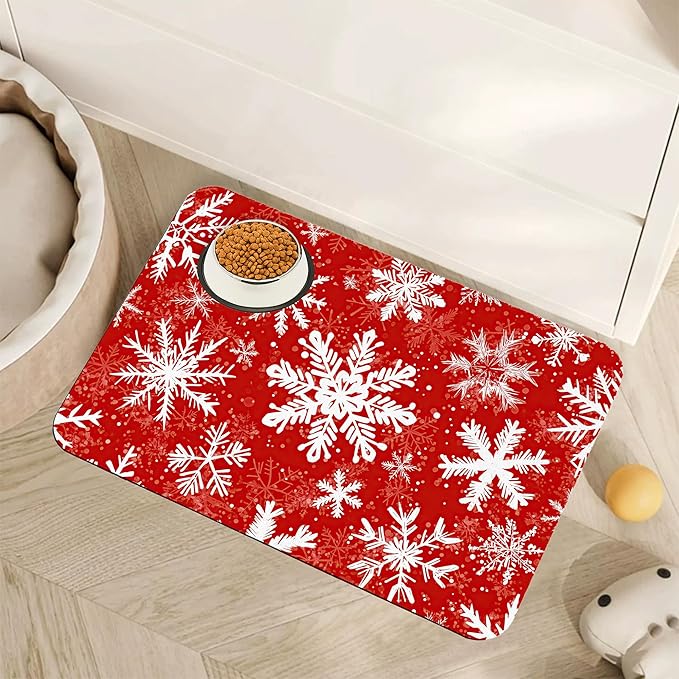 Christmas Dog Food Mat for Floors,Snowflake Absorbent Pet Food and Water Bowl Mats,Non-Slip Pet Feeding Mat,Pet Supplies 12" x 20"
