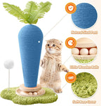 Cute Cat Scratching Post, Carrot Cat Scratcher Post with Durable Natural Wooden Turntable Toy and Catnip, 24'‘ H Blue Carrot Shape Design Sisal Cat Tree Sisal Scratcher for Indoor Cats (Cloud Base)