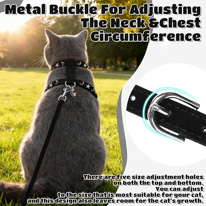 EXPAWLORER Cat Harness and Leash Set - Escape Proof Adjustable Cat Harness, H-shped Comfortable Soft Lightweight Kitten Harness for Outdoor Walking, for Small Medium Cats,Star-Moon M
