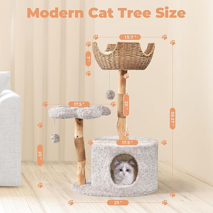 Easyego Modern Cat Tree, Aesthetic Wood Cat Tree Tower for Large Cats, Luxury Cat Condo with Scratching Posts and Flower Platforms, Cat Furniture by Easyego, (Rabbit Hair - Bullet Gray)