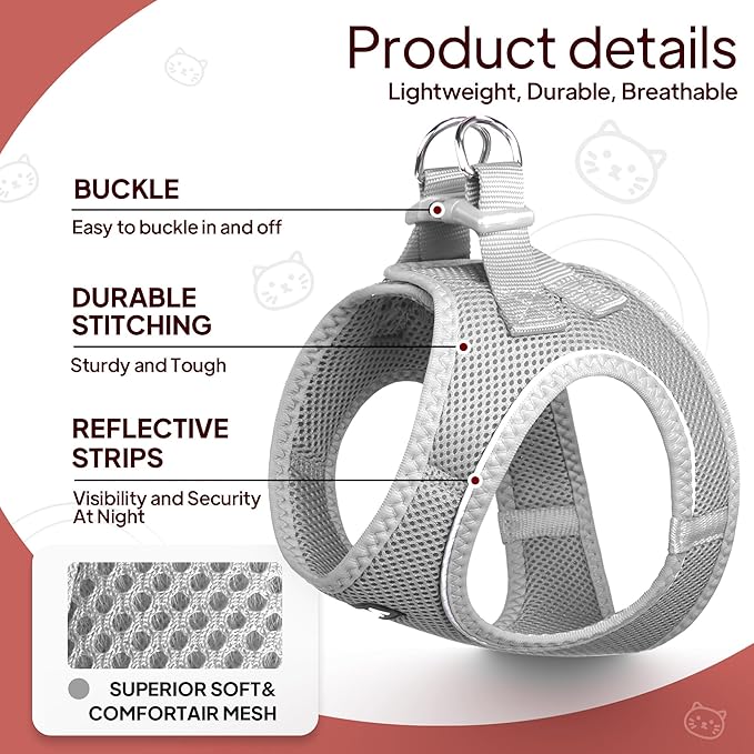 TwoEar Dog Vest Harness Reflective, No-Pull Pet Harness Easy Control with Breathable Mesh, Soft Puppy Step-in Harness No-Choke for Outdoor Walking, Training for Small Dogs, Cats(XS, Grey)