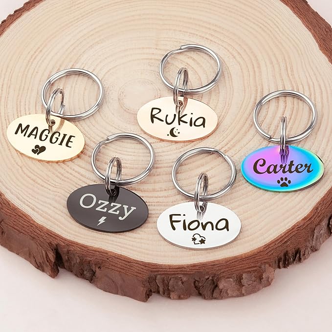 Anavia Small Size Dog Cat ID Tags, Small/XS Personalized Color Plated Stainless Steel Puppy Kitten Name Tags, Customized Engraved Nameplate Pet Collar Tag (Blue, Oval)