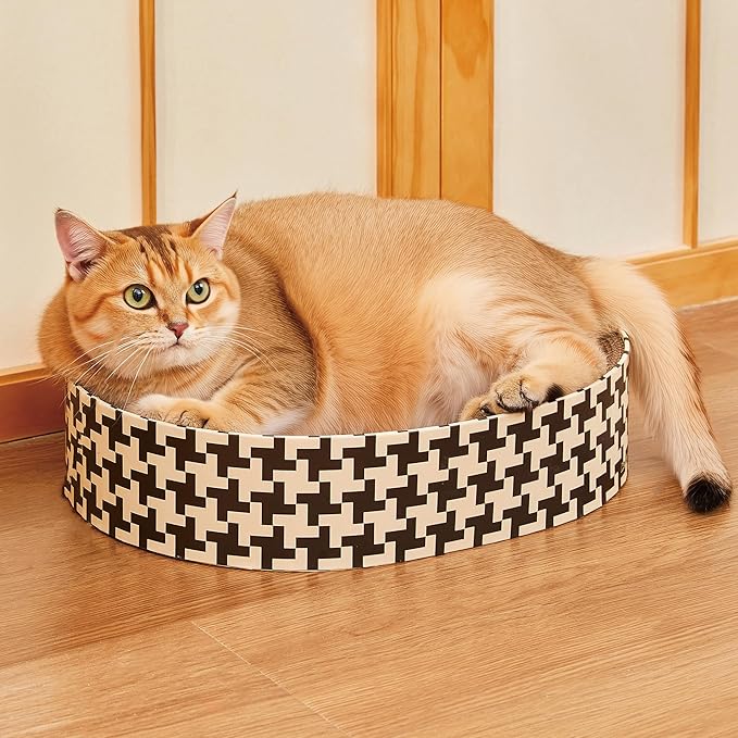 2-in-1 Oval Cat Scratcher Bed Cardboard Bed Lounge, Durable Cat Scratch Pad for Indoor Cats/Kittens, Corrugated Kitty Scratching Bowl with Furniture Protector, 16.33 * 13.19"