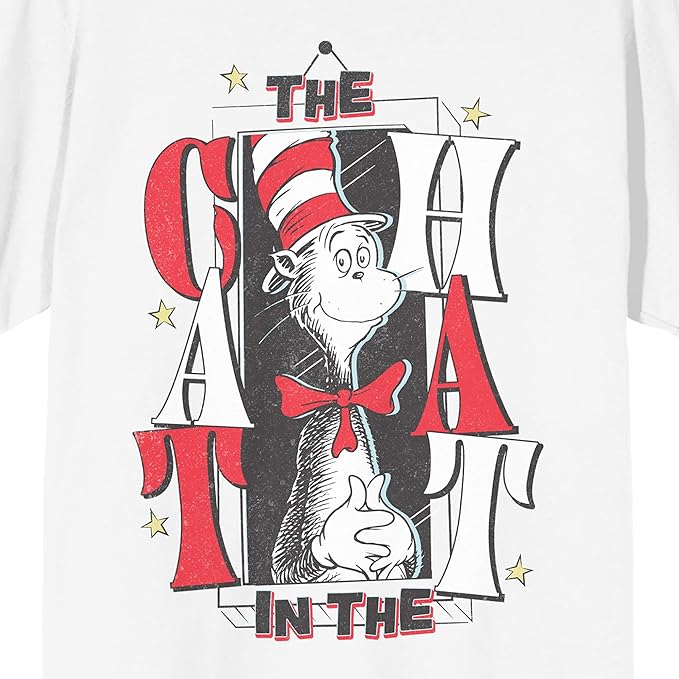 The Cat in The Hat Cat & Stars Adult White Crew Neck Short Sleeve T-Shirt
