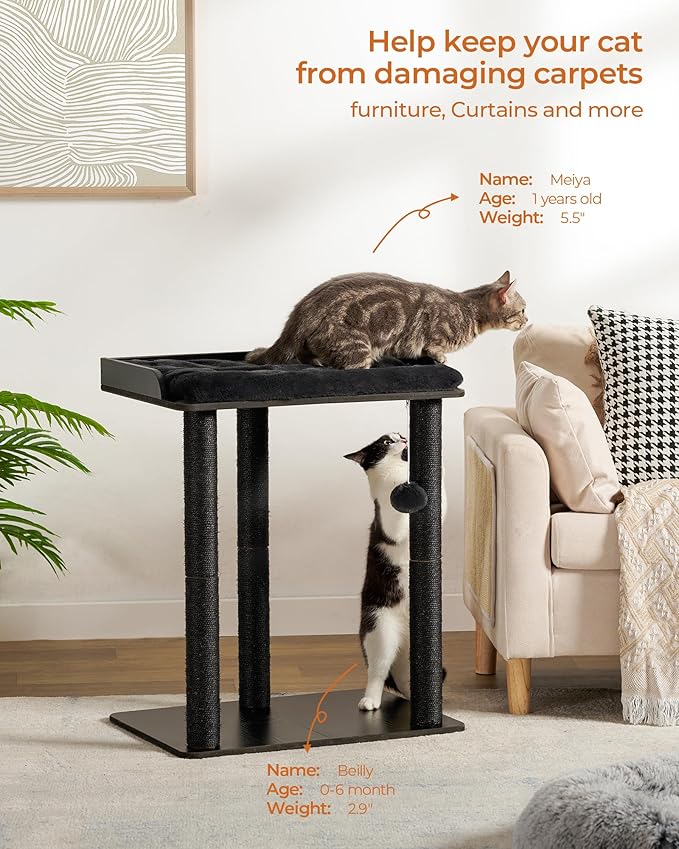 FourFurPets 26.7in Cat Tree Tower Condo, Cat Scratch Posts for Indoor Cats, Big Plate, Three 23.6in Full Sisal Scratching Posts, Black