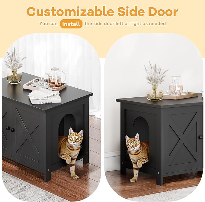Shintenchi Cat Littler Box Enclosure, Litter Box Furniture Hidden with Removable Divider, Cat House with End Table, Black, 31.5 inch