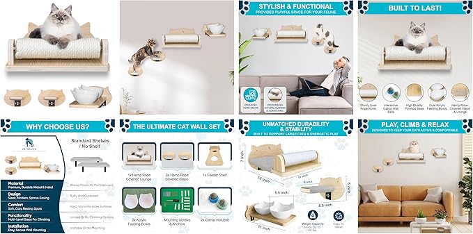 Big Cat Wall Shelves with 3 Steps, Wall Furniture for Large Cats, Feeding Shelf, Mounted Cat Bed, Easy Installation Modern and Durable Shelves for Cats.