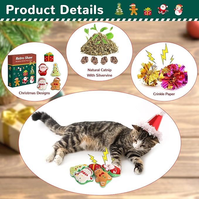 Retro Shaw Christmas Cat Toys, Xmas Catnip Toys for Indoor Cats Kitten Teeth Cleaning, Crinkly Interactive Cat Chew Nip Kitty Kicker Toy Santa Claus Trees Snowman, 5 Pack