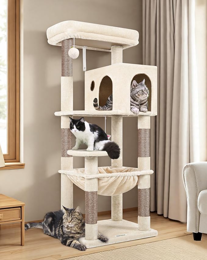 Globlazer Cat Tree Tower with Scratching Post for Indoor Cats, 53inch Tall Plush Multi-Level Cat Climbing Tower Condo House with Large Hammock, Spacious Cat Cave, Big Padded Top Perch Bed, F53, Beige