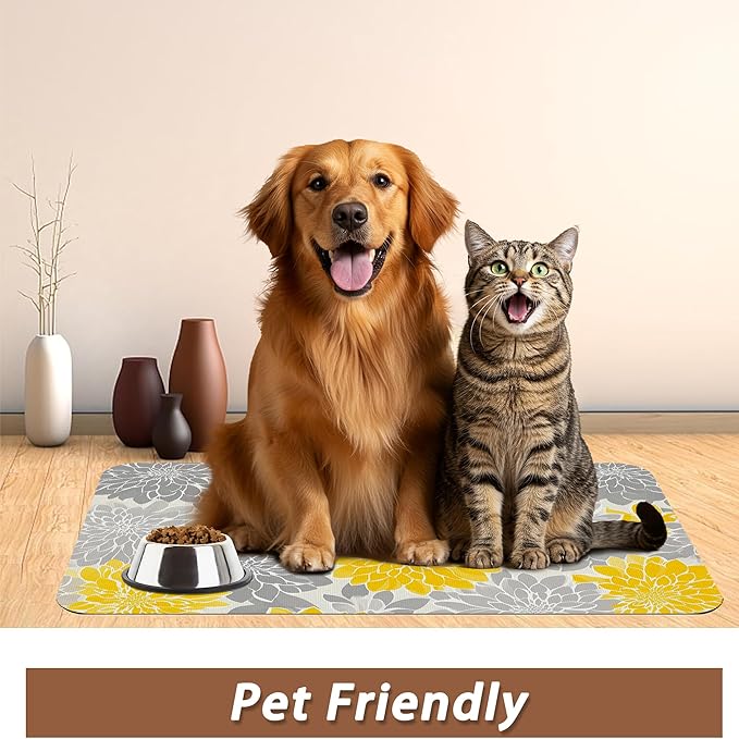 Dahlia Dog Cat Food Mat,Gray Yellow Flower Absorbent Pet Feeding Mat with Rubber Backing,Non-Slip Water Bowl Placemat,Indoor Pet Accessories Supplies 12"x20"
