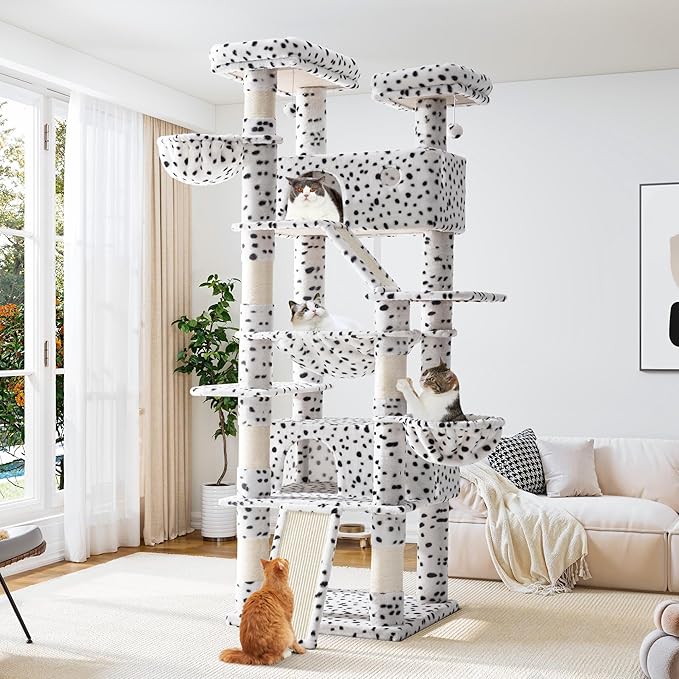 Allewie 81 Inches Tall Cat Tree/Multi-Level Large Climbing Tree House and Towers for Big Feline/Condo and Hammock/Scratching Post/Wide Base/White & Black Spot