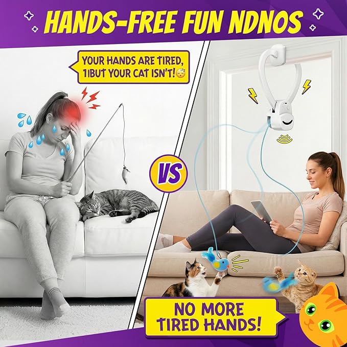 Interactive Cat Toys for Indoor Cats: Automatic Flying Bird Feather Wand Chase Exercise Enrichment Stimulation, USB Rechargeable Durable Safe Hanging Toy for Bored Kittens Adult Multi Cat Households