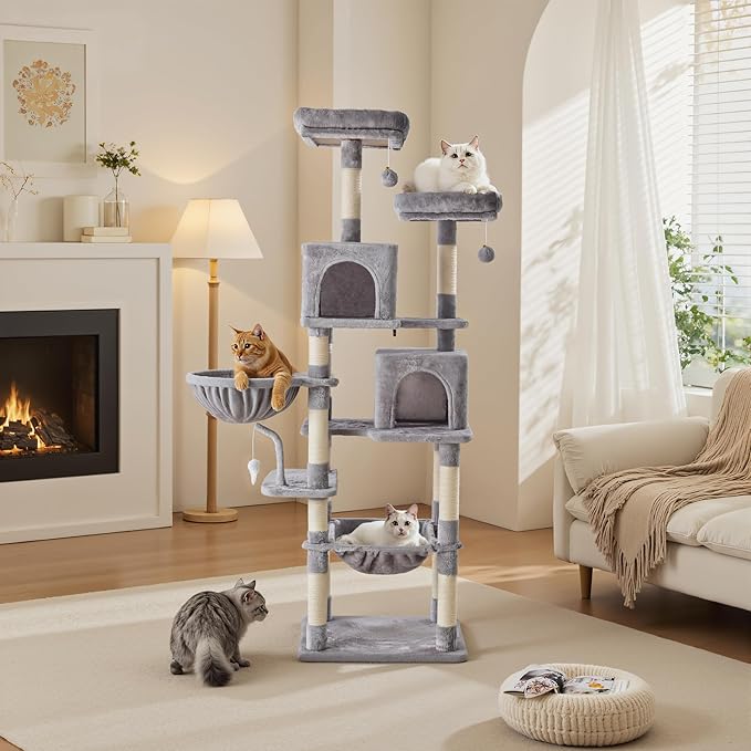 Sweetcrispy 71 inch Cat Tree Tower, Large Multi Level Cat Climbing Tower with Condo, Natural Sisal Scratching Posts, Platform, Hammock, Basket, Tall Pet Tree House for Indoor Cats Play, Light Grey