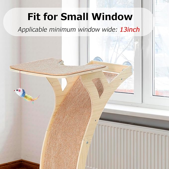 Cat Window Perch with Scratcher Ramp, 48" Climbing Tree Suctions Cups to Window Maximum Hold Up to 45lb, Wood Kitty Bed for Small Window (Drilling-Free)