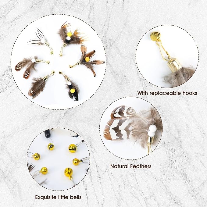 Cat Insect Feather Toys Replacement Cat Toy Wand Refills, 6 Pieces Natural Insect Cat Toy Feathers Refill, Interactive Cat Teaser Wand Attachments, with Bell