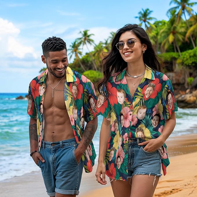 Custom Hawaiian Shirt with Face for Men, Unisex Tropical Beach Shirts Personalized Casual Funny Hawaii Button Down Shirts