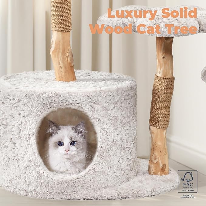 Easyego Modern Cat Tree, Aesthetic Wood Cat Tree Tower for Large Cats, Luxury Cat Condo with Scratching Posts and Flower Platforms, Cat Furniture by Easyego, (Rabbit Hair - Bullet Gray)