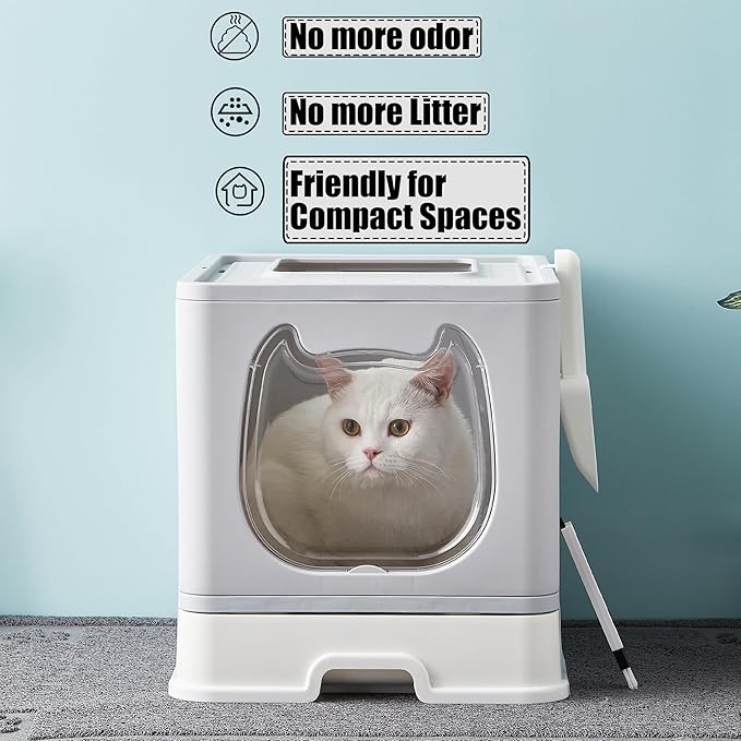 Vealind Covered Litter Box with Lid, Low Entry Kitten Small Litter Box Enclosure with Scooper and Brush, Anti-Splashing Top Entry Litter Box Grey