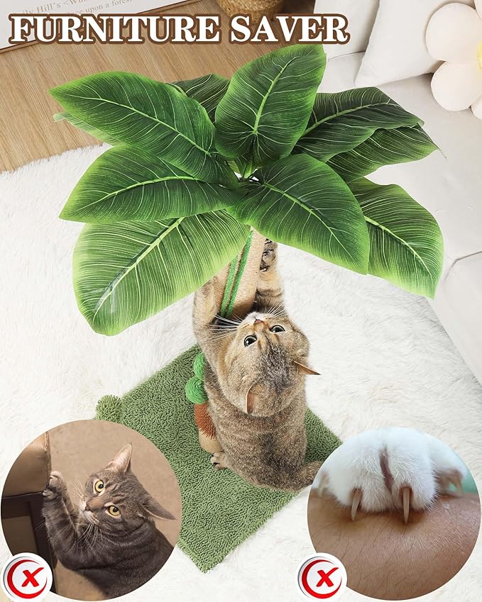 ANWA 35" Tall Cat Scratching Post for Kitten and Large Cats, Scratching Post for Indoor Cats with Self-Grooming Rubber Brush, Cat Sisal Post with Simulated Leaves