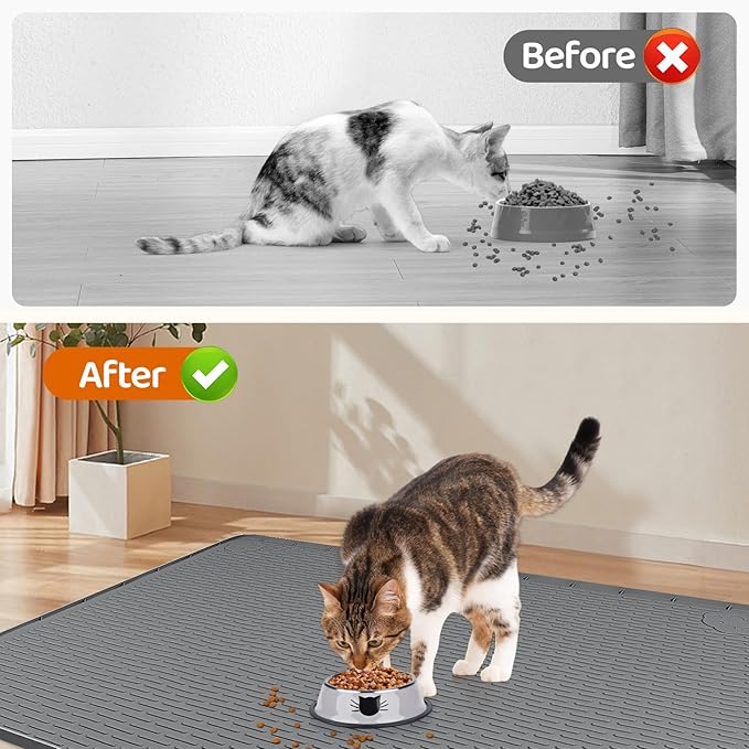 Cat Food Mat, 40" x 28" Extra Large Silicone Pet Feeding Mat with Raised Edge Pet Placemat for Food and Water Bowl Non-Slip, Easy to Clean, Floor Protection (Dark Grey)