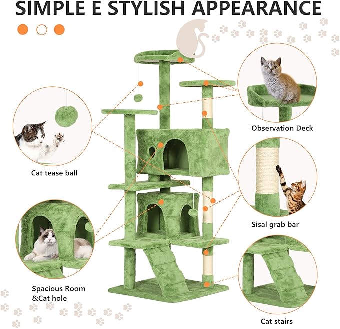 BestPet 54in Cat Tree Tower for Indoor Cats,Multi-Level Cat Furniture Activity Center with Cat Scratching Posts Stand House Cat Condo with Funny Toys for Kittens Pet Play House,Green
