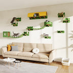 Cat Wall Shelves, Wall Mounted Cat Shelf Furniture with Plush Fabric(16 Piece Set), Cats Furniture with 40''L Tunnel, Condos, House, Steps, Bridge Ladder and Scratching Post, Green