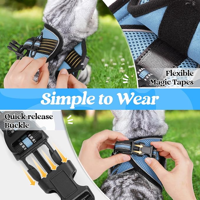 rabbitgoo Cat Harness and Leash Set for Walking Escape Proof, Adjustable Soft Kittens Vest with Reflective Strip for Cats, Comfortable Outdoor Vest, Light Blue, XL